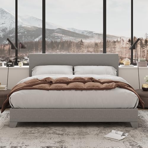 Allewie Full Size Upholstered Bed Frame Adjustable Headboard, Light Grey