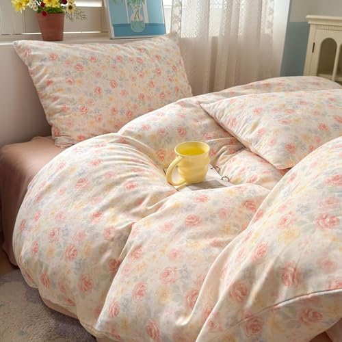 Floral Duvet Cover Set 3 Pcs,100% Cotton Double Gauze Twin Size Duvet Cover with 2 Pillowcases,Cute Orange Bedding Set for Teen Girls Women,Muslin Comforter Cover 68"×86"