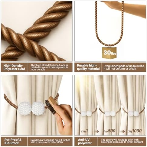 Hion Magnetic Curtain Tiebacks Dark Brown 6pcs, Curtain Holdbacks Hooks