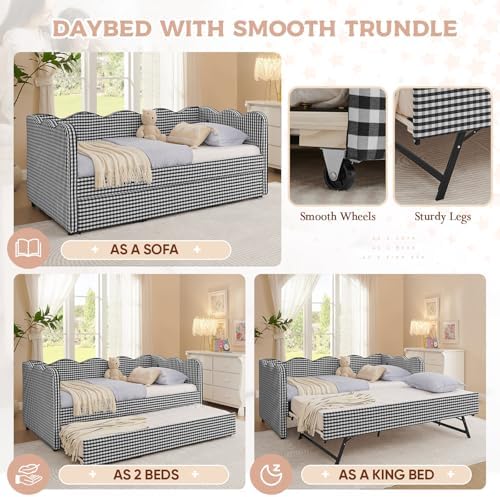 Twin Size Daybed with Pop Up Trundle, Linen Gingham Twin to King Daybed with USB Ports, Upholstered Day Bed Frame, Modern Sofa Bed for Living Room/Bedroom/Guest Room, No Box Spring Needed, Black