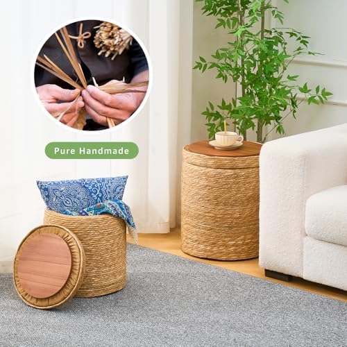 Nested Set Round Pouf Ottomans Handwoven Natural Grass Pouffe Rattan Stool