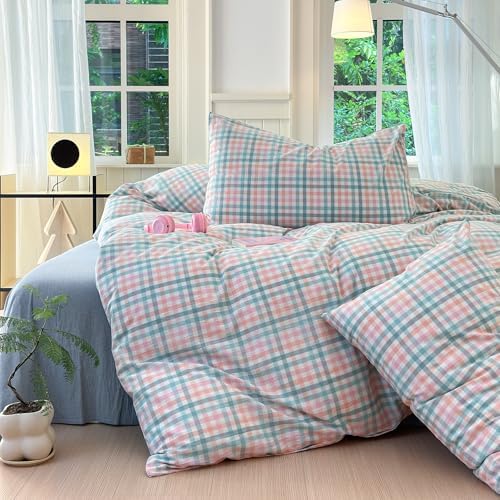 Vintage Plaid Duvet Cover Full Washed Cotton Check Bedding Set 3 Pieces