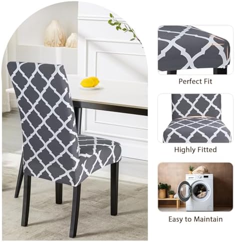 SearchI Dining Room Chair Covers Set of 2, Stretch Geometric Parsons Chair Slipcovers Spandex Removable Washable Kitchen Chair Protector Cover for Dining Room, Hotel, Ceremony (Gray+White)