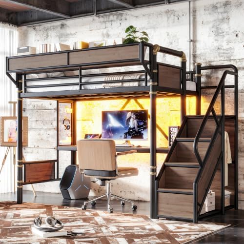 Bellemave Twin XL Metal Loft Bed with Stairs and Desk for Kids,Adult,Black