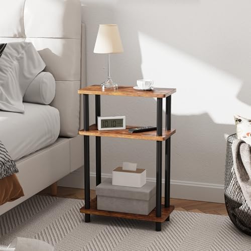 Apicizon Small Narrow Side Table, 3-Tier Skinny End Table, Brown and Black