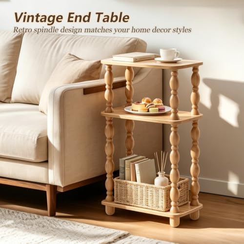 3-Tier Small Side Table, Narrow End Table, Natural Wood