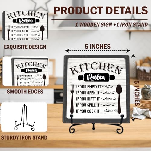 DETIHO Farmhouse Kitchen Decor, Rustic Kitchen Rules Sign Counter Decor