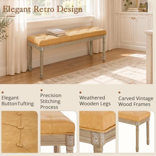 LUE BONA 44" Leather End of Bed Bench, Upholstered Tufted French Bedroom Bench with Carved Wood Legs for Bedroom End of King Size Bed, Living Room, Honey Tan