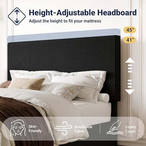 Allewie Queen Bed Frame, Adjustable Corduroy Headboard, Platform, Black
