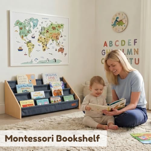 PERFNIQUE Montessori Kids Bookshelf, Wooden Front-Facing Baby Bookcase Organizer for Toddlers, 4-Tier Sling Decorative Book Rack with Deep Pockets for Kid Rooms, Nursery, Playroom & Reading Corner
