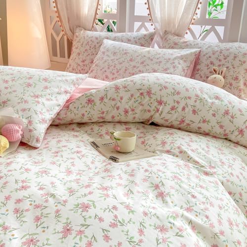 Girl's Pink Flower Duvet Cover Set 100% Cotton Twin(68"x86"),Pink White