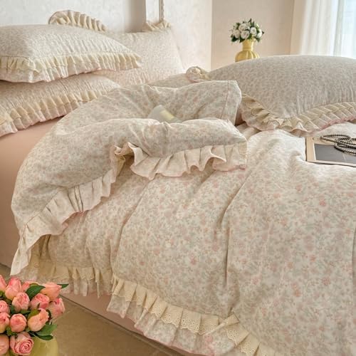 Floral Duvet Cover Set Muslin Cotton Twin(68"x86"),Pink Flower