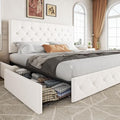 Allewie King Size Storage Bed Frame with 4 Underbed Drawers, Upholstered Platform Bed with Adjustable Headboard, Diamond Button Tufted, Easy Assembly, Noise-Free, No Box Spring Needed, Soft White