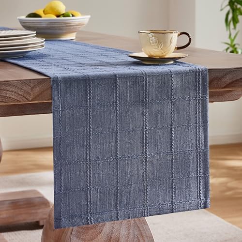 ZeeMart Linen Checked Farmhouse Table Runner, 13x36 Inches Blue