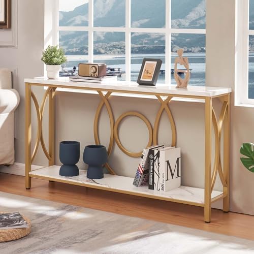 Entryway Narrow Console Table, 55 Inch Long Gold Sofa Table, White Marble