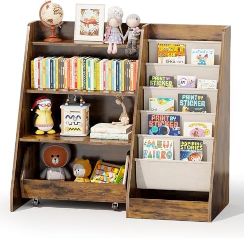COZPAW Kids Bookshelf and Toy Storage, 4 Tier Toddler Bookshelf with Movable Drawer (Brown)