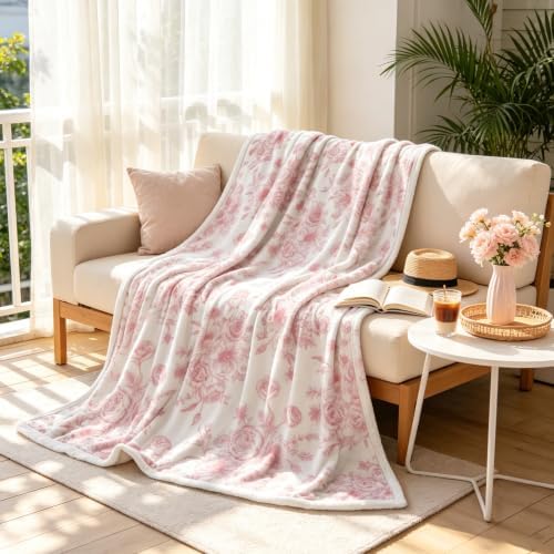 Botanical Floral Blanket, Soft, Flannel, Warm, Boho Floral Bed Blanket All Season Flower Throw Blanket for Couch Bedroom Living Room, Pink 50X60 Inch