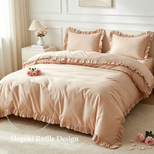 Simple&Opulence Kids 100% Organic Cotton Duvet Cover with Ruffle 68 x 86-2 PCS High End Floral Frill Lace Bedding, Romantic Cottagecore Style Comforter Cover with 1 Pillowcase, Sand, Twin