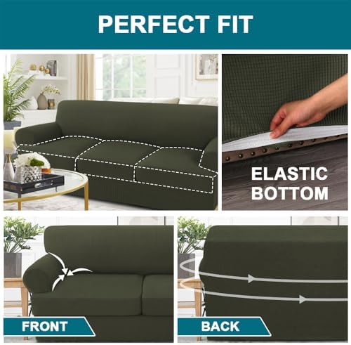 Turquoize 4 Piece T Cushion Sofa Slipcovers Stretch Couch Cover Furniture Covers with 3 Individual T Cushion Covers, Machine Washable (3 Cushion Sofa, Olive)