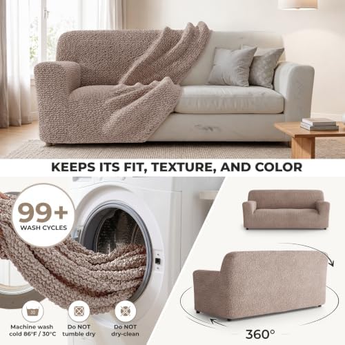 PAULATO Premium Stretch Couch Covers for Sofa - Sofa Chair Cover Washable, Dogs & Pets Friendly - Elastic Polyester Loveseat Slipcovers - Non-Slip Love Seat Couch Covers - Soft Taupe (64"-85" Wide)