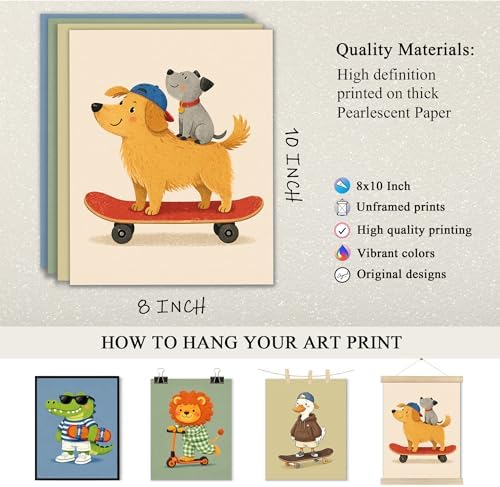 Noaleviax Cute Animals Posters Set - Toddler Baby Boy Room Decor, Crocodile Lion Duck Dog Pictures Wall Art for Kids Nursery Bedroom Playroom Decor, 8x10 Unframed, Set of 4