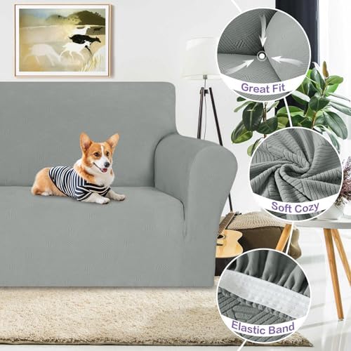 ZNSAYOTX Chair Cover with Arms (30"-47"), New Striped Sofa Chair Covers for Living Room, Dogs Pet Friendly Anti-Slip Chair Protector Spandex Armchair Slipcovers (Light Grey, Chair)
