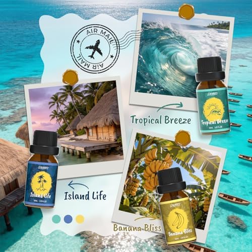 SALUBRITO Hawaii Fragrance Oils Set, Summer Essential Oils for Diffuser, Candle, Soap Making, Tropical Breeze, Island Life, Banana Bliss, Twilight Grape, Coconut Coast, Golden Sunrise Scented Oil