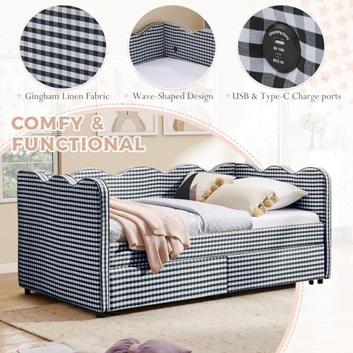 Twin Size Daybed with Storage Drawers, Linen Gingham Daybed with USB Ports & Wave Shaped, Upholstered Day Bed Frame, Modern Sofa Bed for Living Room/Bedroom/Guest Room, No Box Spring Needed, Navy