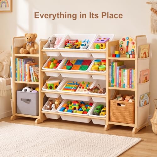 Toy Storage Organizer for Kids, 12 Bins, 2 Bookshelves & 2 Book Pockets