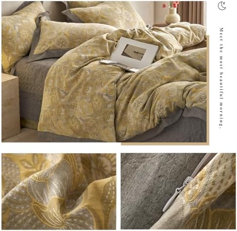 Jacquard Floral Duvet Cover Set King,Yarn-Dyed Cotton Yellow Gold Flower Duvet Cover Bordered,Vintage Garden Style Bedding Set King