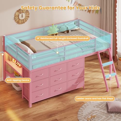 Low Loft Bed Twin Size with 9 Storage Drawers, LED Lights Loft Bed