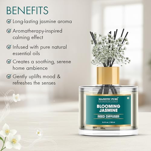 Majestic Pure Blooming Jasmine Reed Diffuser for Home, Bathroom & Office | Natural Aromatherapy Air Freshener & Room Fragrance, with Reed Sticks & Dried Flowers 3.4 fl oz