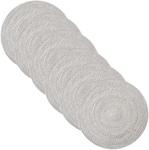 Round Placemats Set of 6-100% Cotton Two-Tone Placemat for Dining Table - Woven Braided Table Setting Place Mat - Washable Table Decor for Kitchen, Farmhouse, Rustic, Everyday Use, Gray