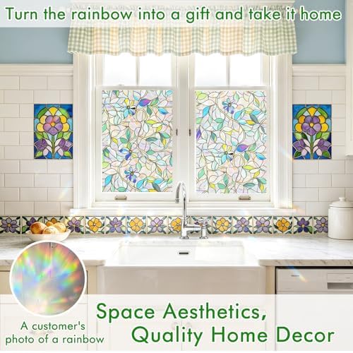 SOMWISE Rainbow Stained Glass Window Privacy Film,Heat Blocking Decor Cling