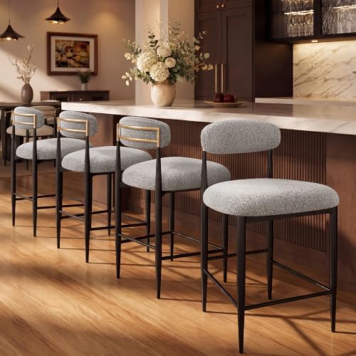 Morden Fort Counter Height Bar Stools Set of 4 with Backs, Grey Boucle