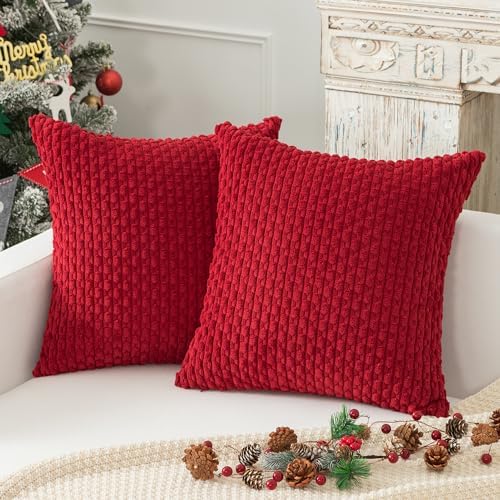 Kevin Textile Soft Corduroy 20x20 Inch Pillow Covers 2 Pack, Burgundy