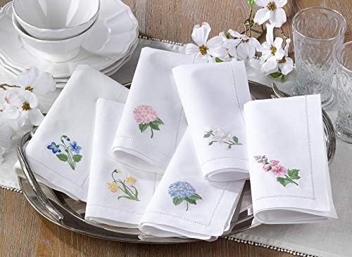 Handmade Hollyhock Embroidery Napkin with Hemstitched Border (Set of 6)