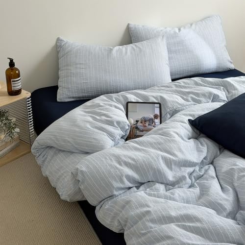Twin Textured Duvet Cover Set 3Pcs Light Blue Cottagecore Striped Bedding