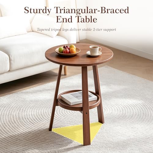 2-Tier Bamboo Round Side Table, Mid-Century Modern End Table