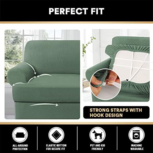 PrinceDeco T Cushion Loveseat Slipcover 3 Pieces Sofa Covers for T Cushion Sofa Stretch Slip Covers for 2 Cushion Couch with 2 Individual T Shape Seat Covers Width Up to 76", Loden Frost