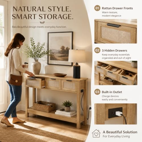Luoxiao Entryway Table with Outlets & USB-C, 3 Drawers Rattan Console Table