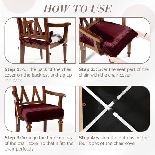 Havawish Extra Wide Dining Chair Seat Covers, Wine Red, Velvet, 4 Pcs