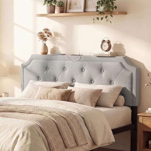 KOMFOTT Upholstered Headboard with Charging Station for Full & Queen Size Bed Frame, Tufted Button Bed Headboard with Solid Rubber Wood Legs, Headboard with Adjustable Width, Grey