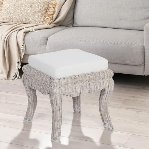 JONATHAN Y Rowan 19.7" Coastal Woven Rattan Vanity Stool, Gray White Wash