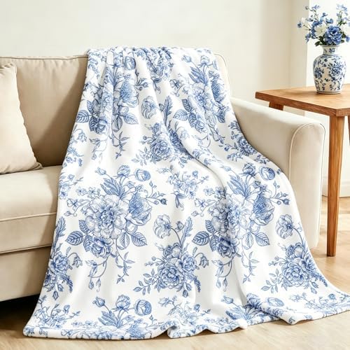 JarThenaAMCS Floral Fuzzy Blanket Blue Flowers Throw Blanket Decorative Soft Cozy Flannel Blanket for Home Bed Sofa Couch Chair, 50 x 60 Inch