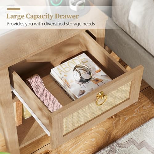 Eclatara Rattan Nightstand Set of 2: Sturdy Night Stand with Rattan Decor Drawer, Farmhouse Nightstand Bedside Table Boho End Tables Side Tables for Bedroom (Natural Oak,2 Pieces)