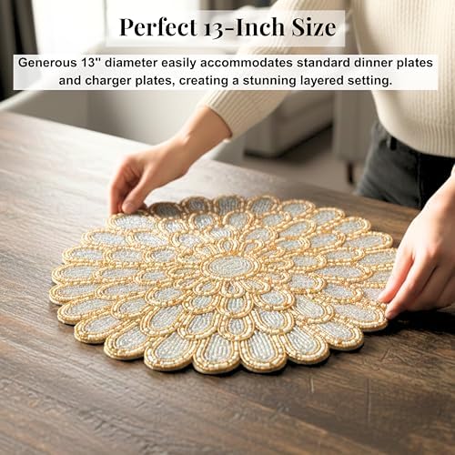 ALPHA Living HOME Beaded Placemats 13 Inch Ivory Gold Round Table Chargers
