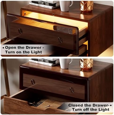 HedoAjim Floating Nightstand Smart Bedside Table LED Nightstand,Wall Mounted Sensor lamp cabniet with Storage for Bedroom Dorm Small Space Solid Wood,Dark Walnut