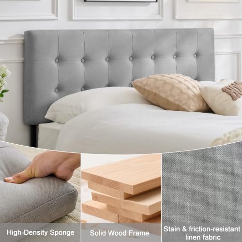 Linen Tufted Headboard Queen Size, Solid Wood Queen Headboard Only, Grey