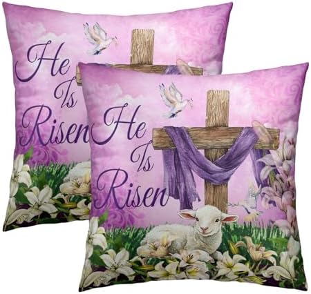 He is Risen Cross Christian Throw Pillow Covers 24''x24'' Set of 2 Easter Spring Pillowcase Religious Lily Floral Lamb Cotton Square Cushion Case Happy Holiday Pillows Protector for Home Sofa